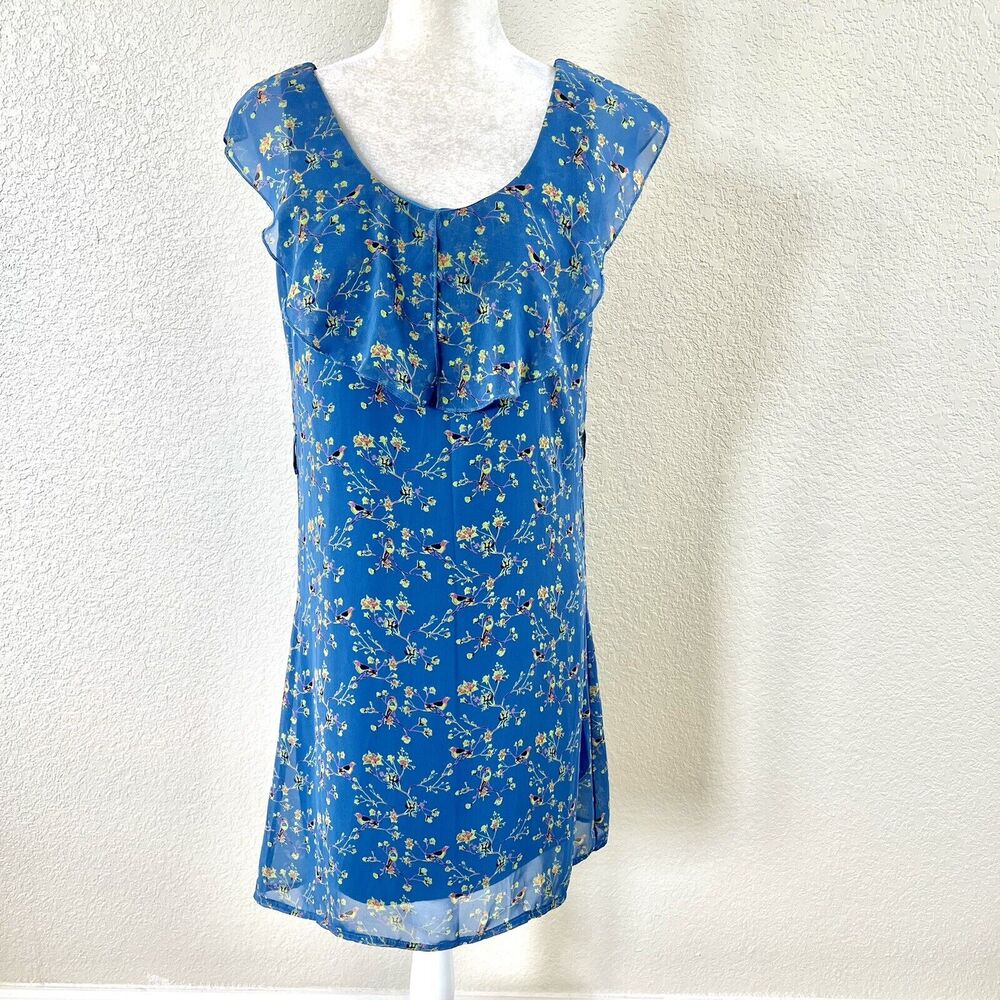 Altar’d State Sz Medium Baby Blue Floral Party Dress Ruffle Shoulder Sheer Lined
